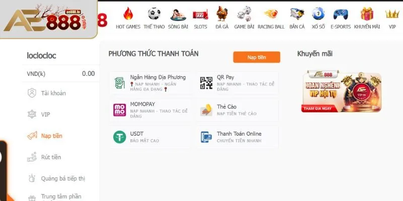 Các phương thức nạp rút tiền AE888